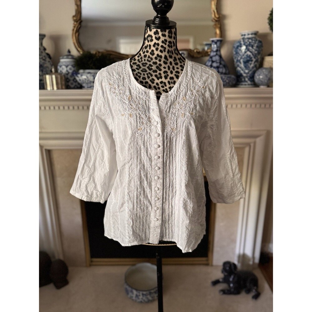 Alfred Dunner White Button Down Embroidered Yoke Tuck Front Top Sz 16p Boho